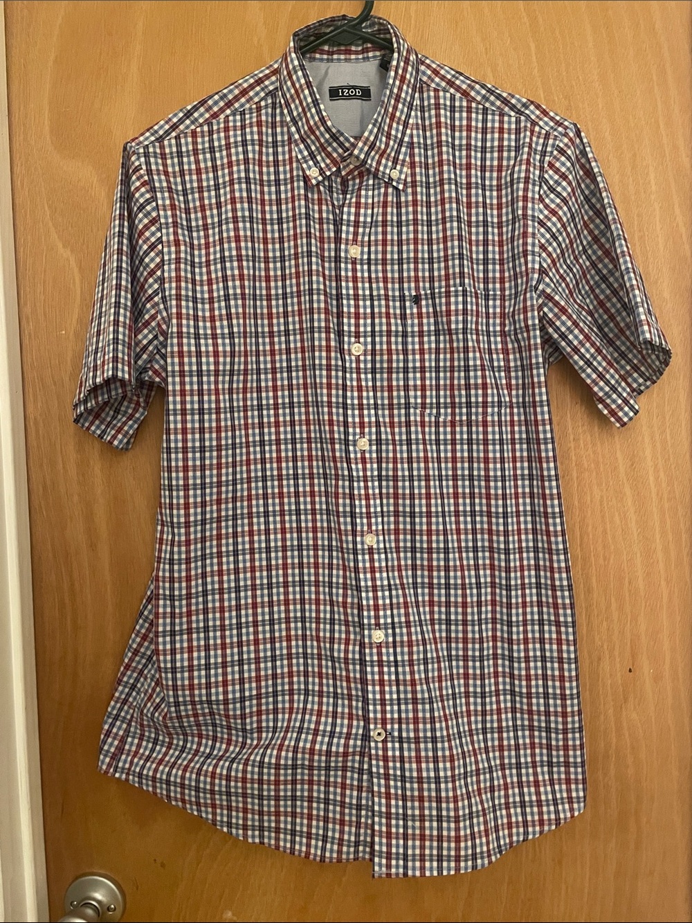 Izod Short Sleeve Plaid Button-Down Shirt in Red, Blue & White
